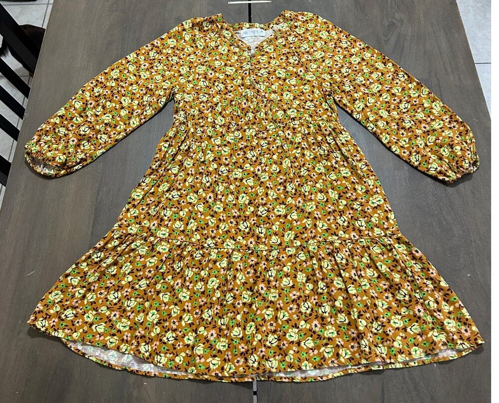 Zara Girls Floral Tiered Boho Dress Mustard Yellow Brown 11-12 Years